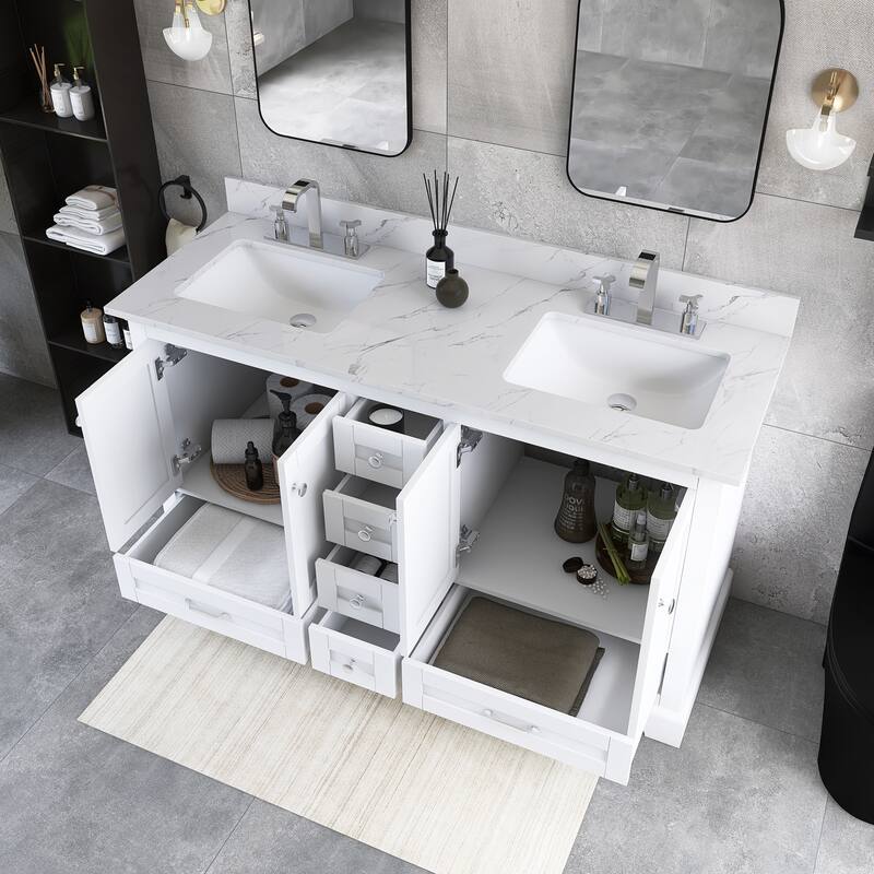 60 inch Plywood Double Sink Freestanding Bath Vanity with White Marble Top - 60" x 22"