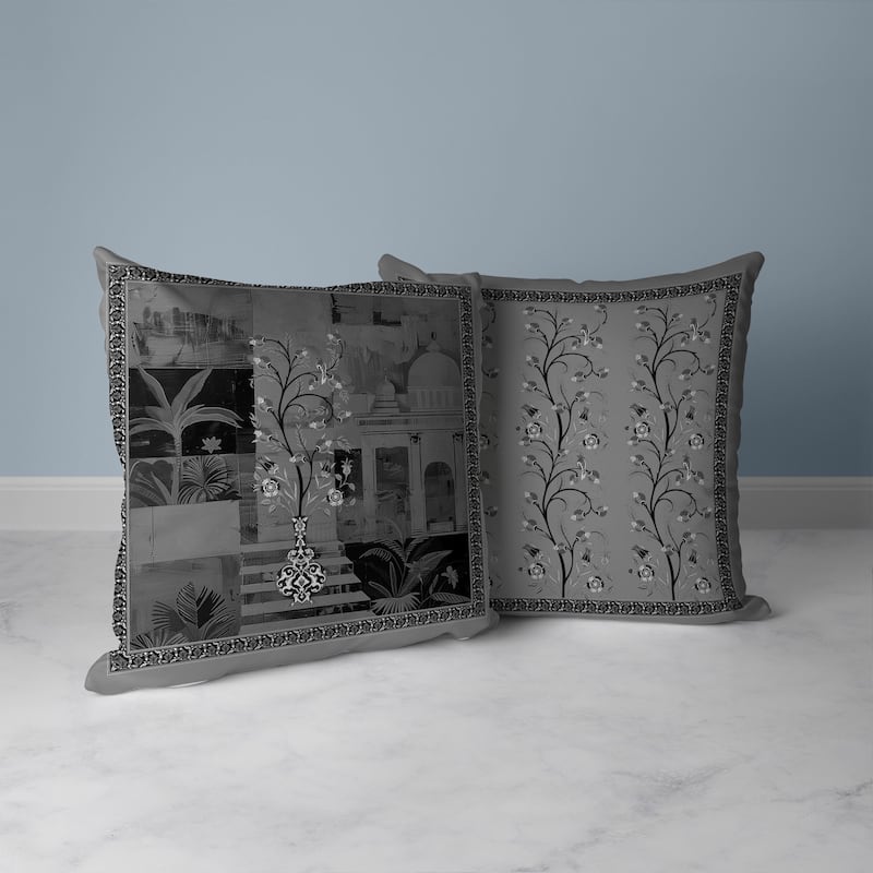 Shahi Garden Bloom Faux Suede Reversible Throw Pillow Gray and Black