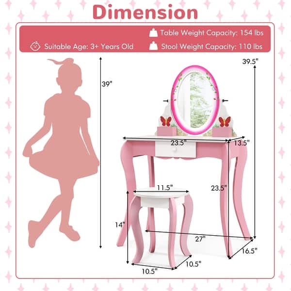 Pink Kids Vanity Table and Stool Set with 360 Rotating Mirror and Whiteboard Perfect for Gift - 27"L x 16.5"W x 39.5"H