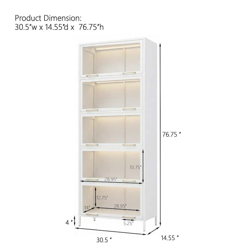 76.75" Tall Iron Display Cabinet with Glass Doors & LED Lights, 5-Tier Curio for Collectibles
