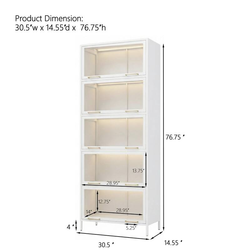 76.75"Iron Display Cabinet with Glass Doors,5-Tier Steel Barister Bookcase with LED Lights,Modern Curio Cabinet for Living Room