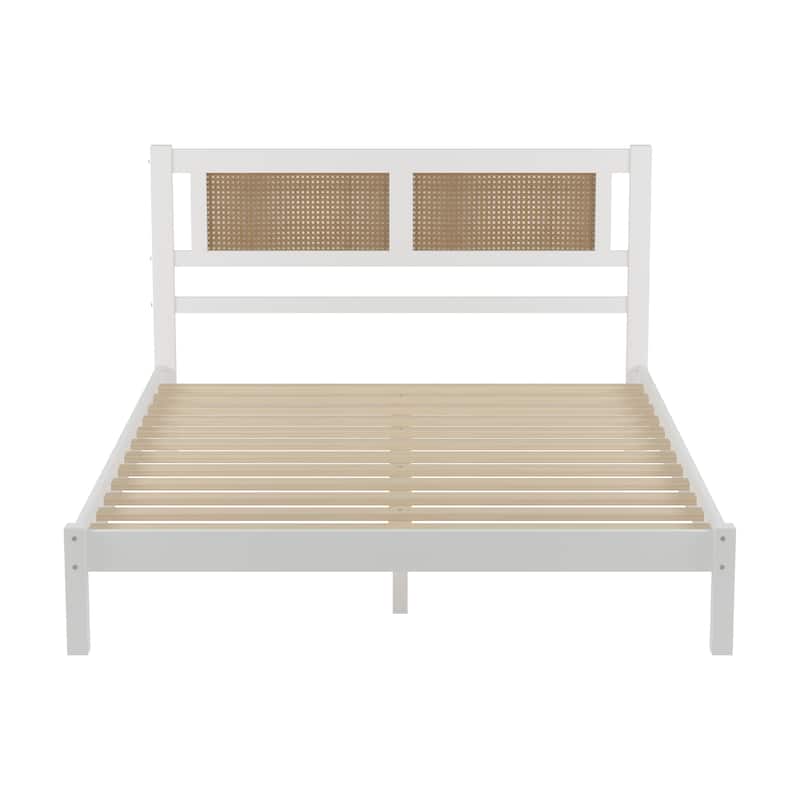 Modern Style Wooden Platform Bed with Natural Rattan Headboard for Bedroom