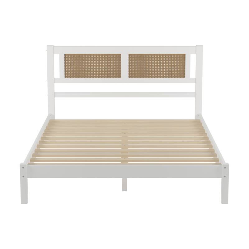 Natural Rattan Headboard Platform Bed - Queen/Full Size, Modern Minimalist Design, No Box Spring Required