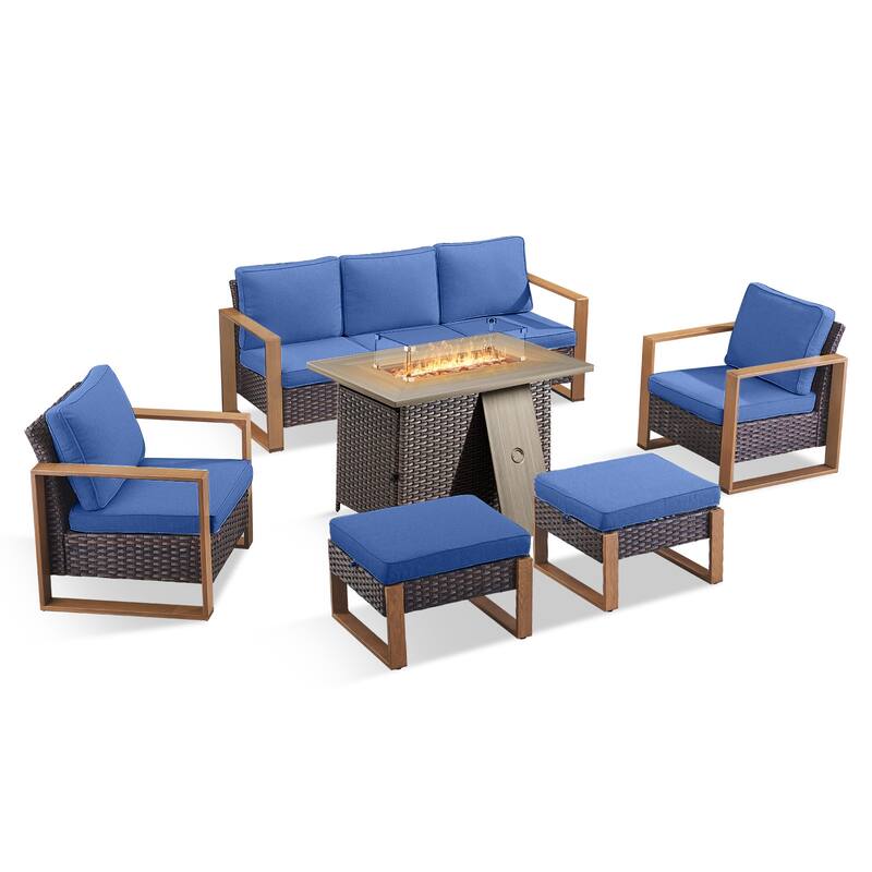 Pocassy Outdoor Wicker Sofa Patio Chair with Fire Table Set