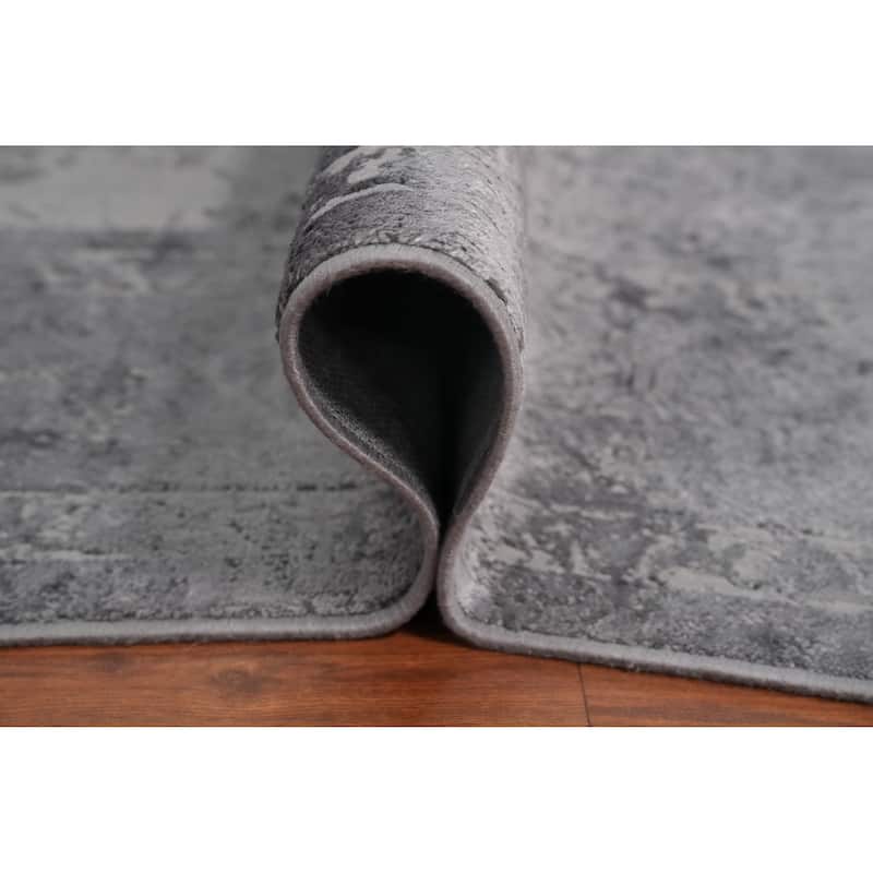 Machine Made Oriental Polyester Carpet Traditional Medallion Greys & Charcoal Tabriz Area Rug - 8' 0'' X 4' 9''