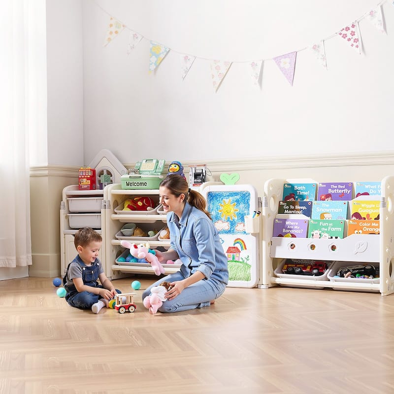 4-Tier Beige HDPE Kids Toy Organizer with Bookshelf and Storage Bins for Playroom and Nursery