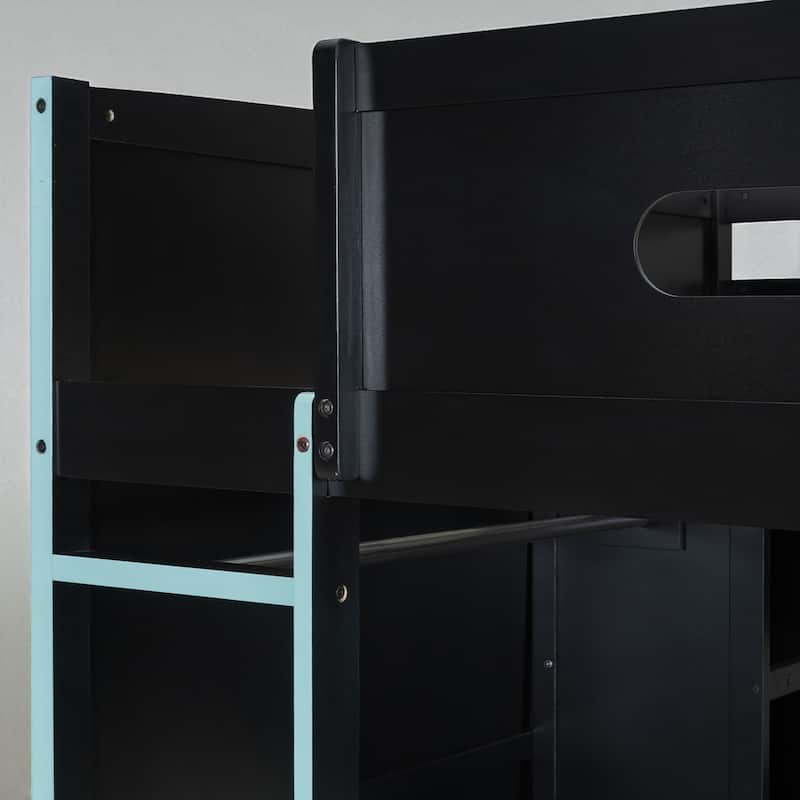 Full Size Loft Bed with Desk, RGB LED Lights, Wardrobes, Drawers and USB Charging Port for Teens and Gamers