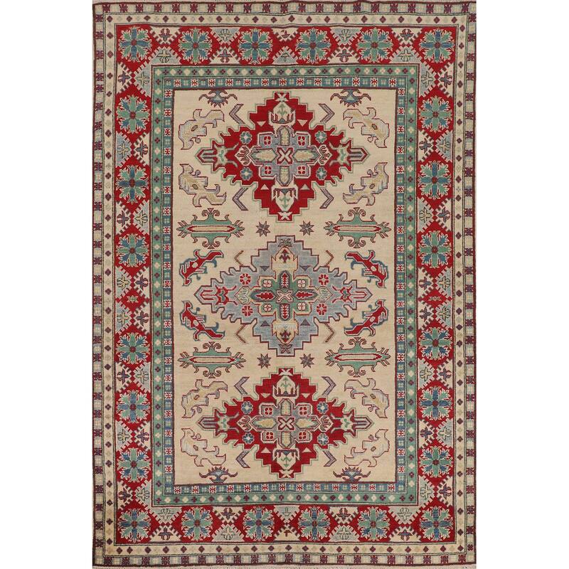 Hand Knotted Oriental 100% Wool Carpet Traditional Geometric Beige & Ivories Kazak Area Rug - 8' 0'' X 5' 8''