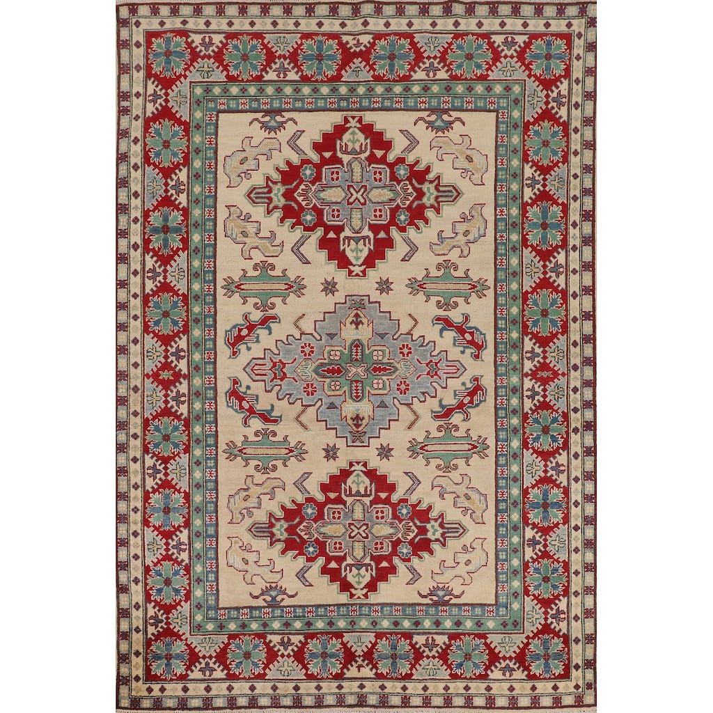 Hand Knotted Oriental 100% Wool Carpet Traditional Geometric Beige & Ivories Kazak Area Rug - 8' 0'' X 5' 8''