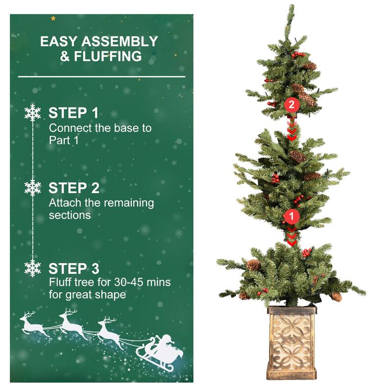 4ft Pre-Lit Green Christmas Tree With Glitter Base-100 Multicolor Led Lights,396 Tips,Red Berries & Pine Coness