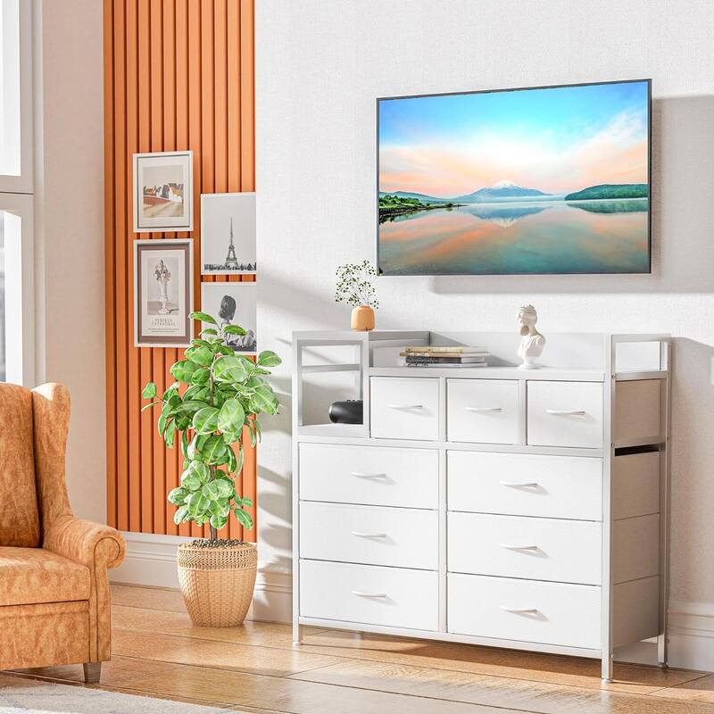 TV Stand with Power Outlet, Bedroom Dresser with 9 Drawers, - White