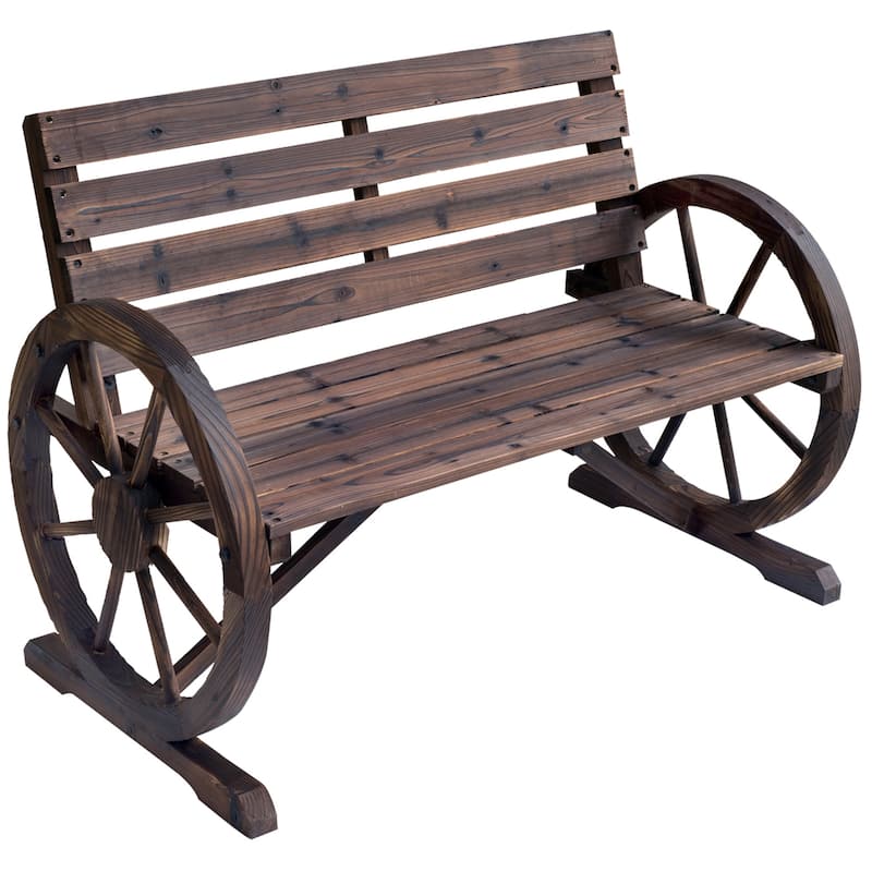 Patio Wooden Wagon Wheel Bench, 2-Person Slatted Seat Bench