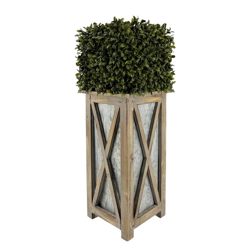 Faux Boxwood Square Topiary in Crisscross Tall Wood/ Metal - Grey