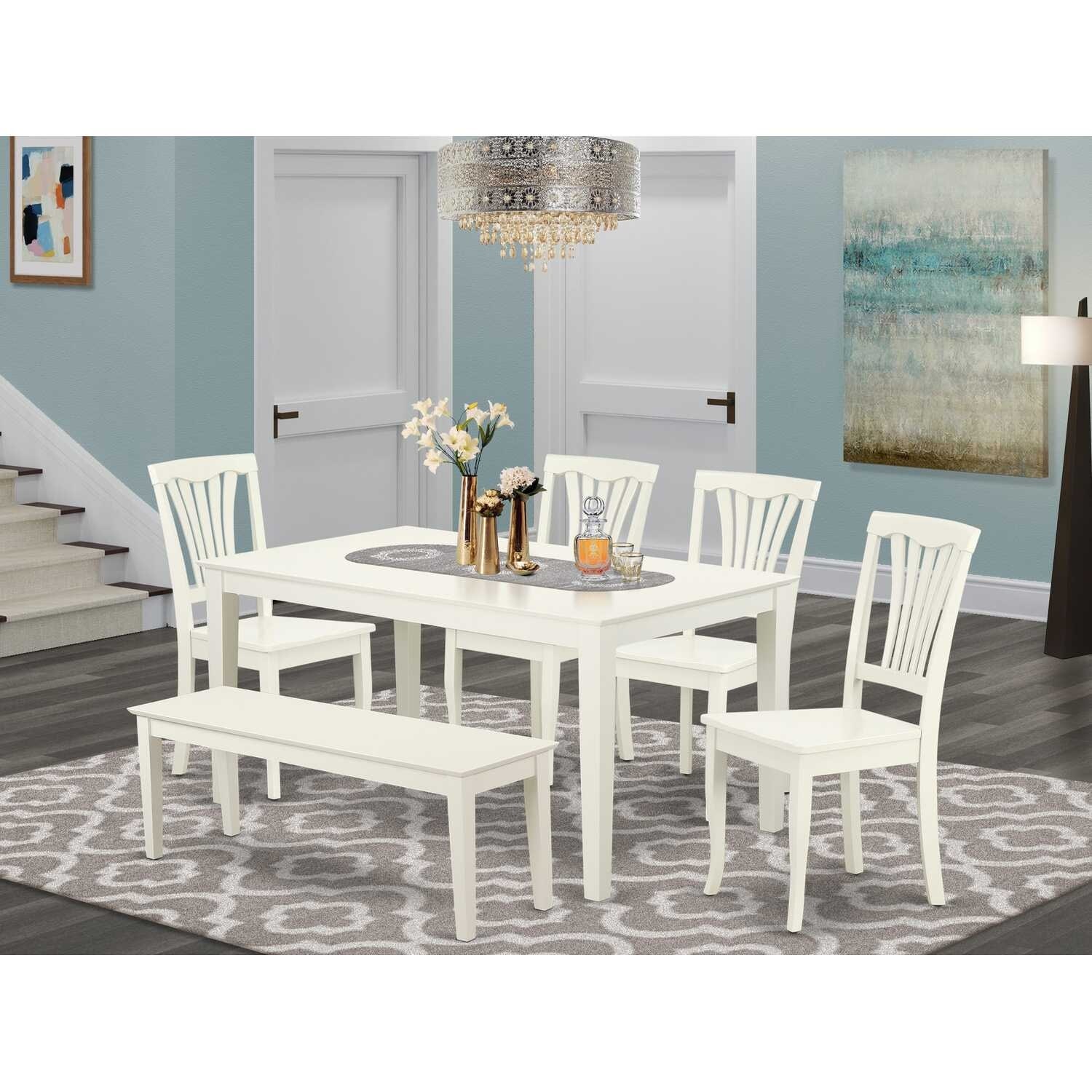 Dining Room Set 6Pc Rectangular Table & Chairs - 60 Inch Table, 4 Vertical Chairs, Bench