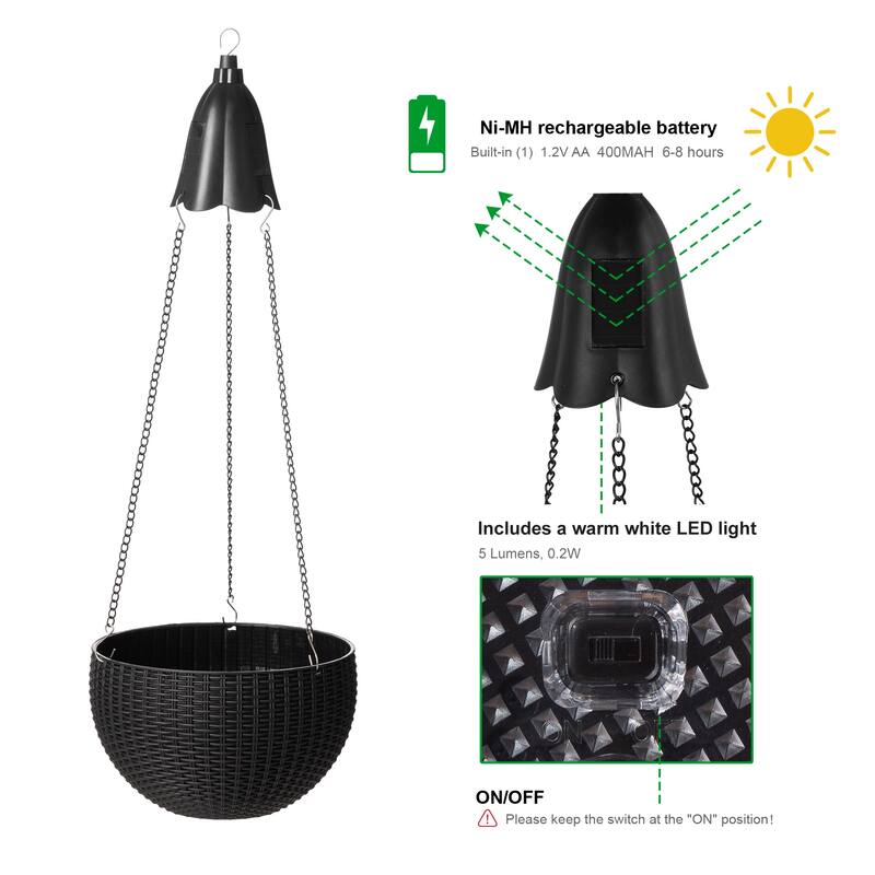 Glitzhome 30"H Solar Lighted Plastic Hanging Planter Basket