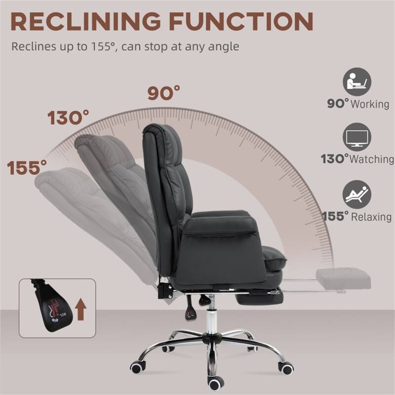 Ergonomic Reclining Office Chair with Footrest PU Leather Adjustable Height and Lumbar Support for Home or Office