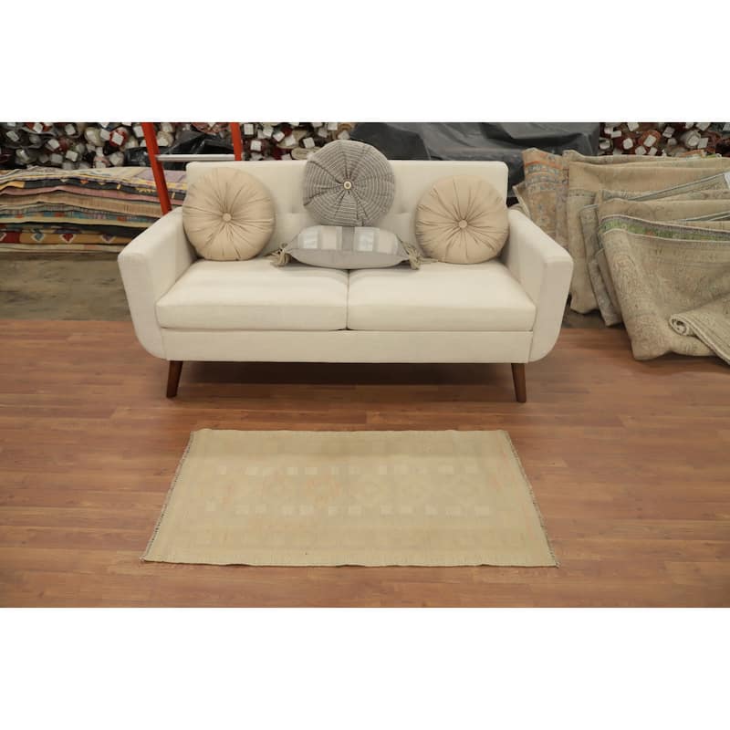 Hand Woven Oriental 100% Wool Carpet Southwestern Tribal Beige & Ivories Kilim Area Rug - 3' 9'' X 2' 1''