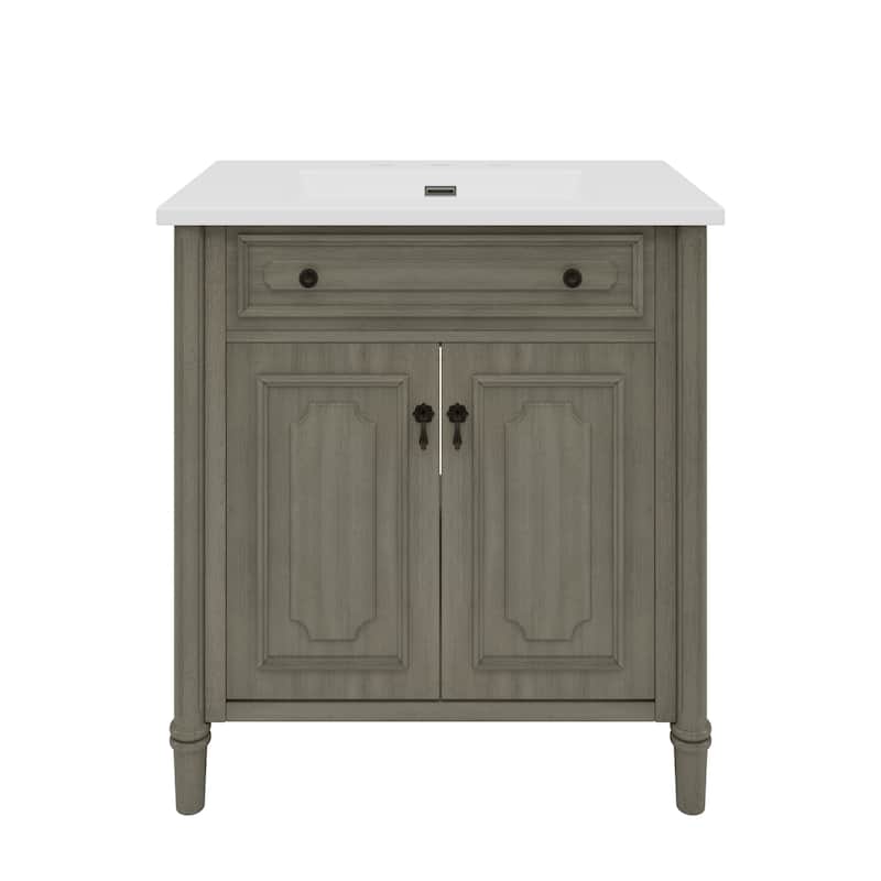 Christopher Knight Home - Marseille 31" Vintage Bathroom Vanity with Sink, Antique White Cabinet with Classic Bathroom Storage - Grey