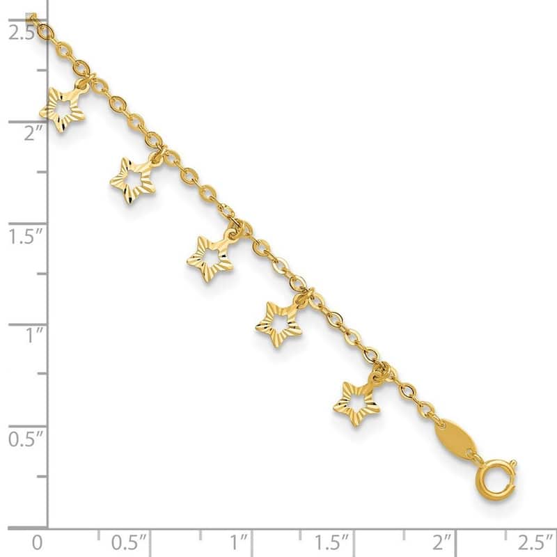 Curata Women's 14k Gold Polished and Textured Star Anklet - 10 Inch