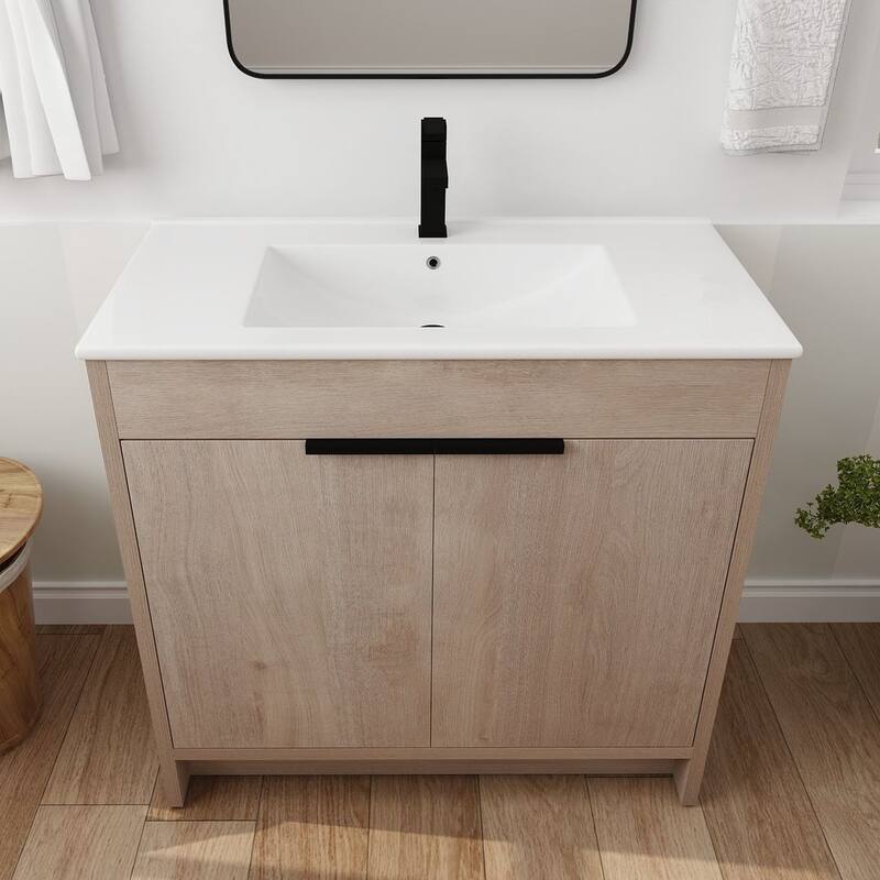 24", 30", 36" Freestanding Bathroom Vanity with White Ceramic Sink & Soft-Close Doors