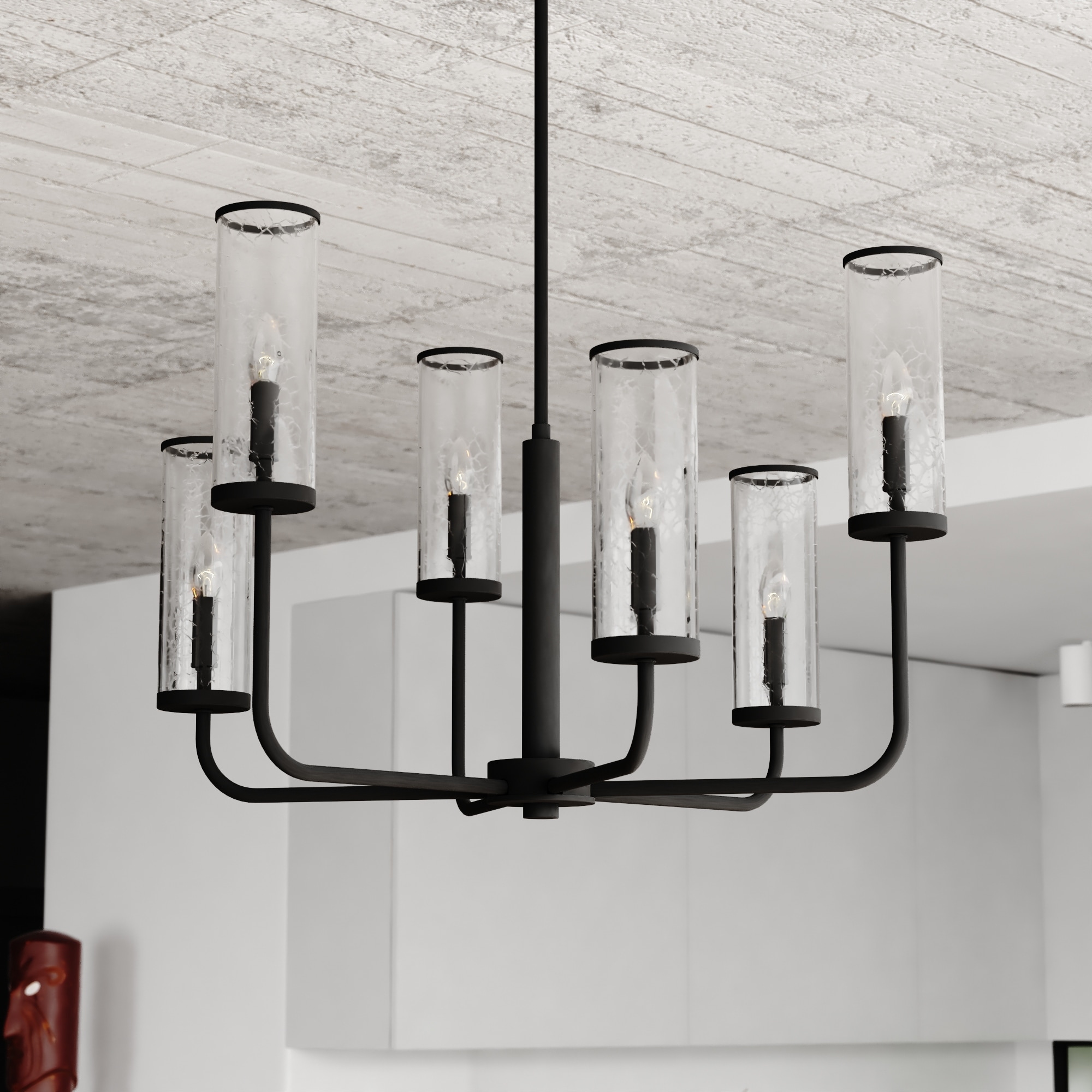 VAXCEL Glencoe 6-Light 28 in. Wide Matte Black Chandelier with Clear Crackle Glass Shade, Hanging Ceiling Pendant Fixture