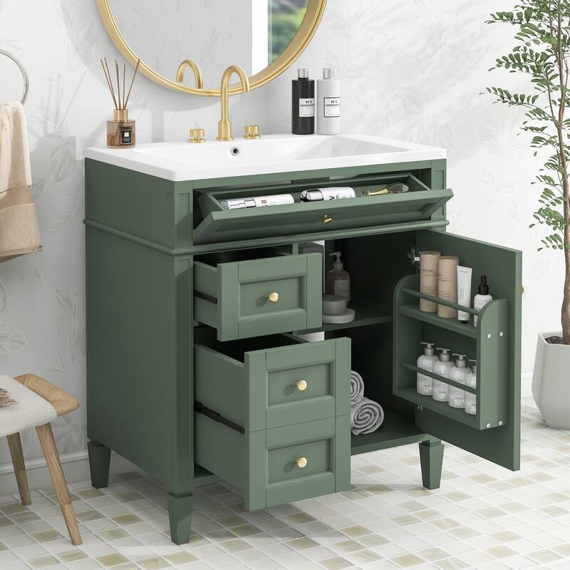 30''/36'' Bathroom Vanity with Top Sink, Modern Bathroom Storage Cabinet with 2 Drawers, a Tip-out Drawer & Adjustable Shelf - Green - 30''