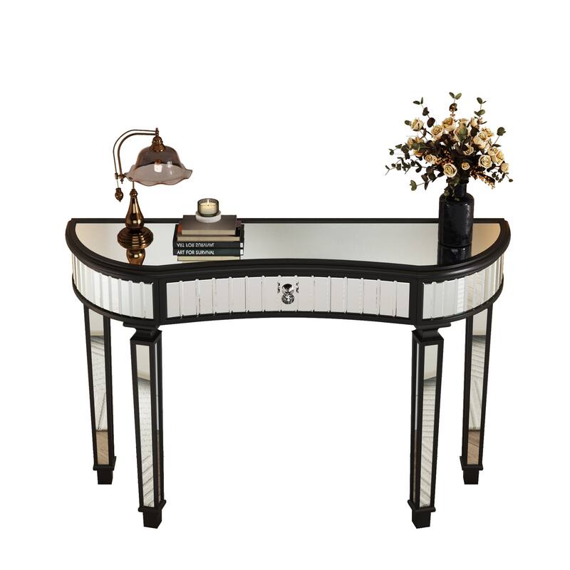 Half-Moon Mirrored Makeup Table Console Table with Fluted Glass Panels, Entryway Accent Table with Crystal Knob Drawer