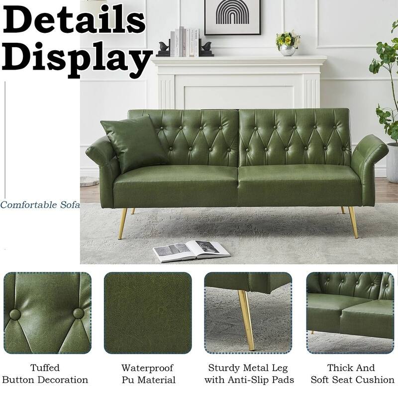 Futon Sofa Bed, Faux leather Foldable Couch Convertible Loveseat Sleeper Daybed with Adjustable Armrests for Small Space