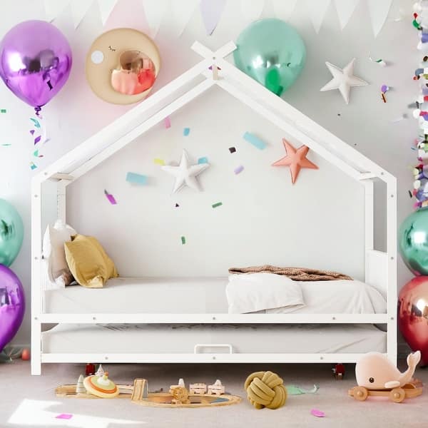 slide 2 of 14, Metal Adorable House Full Size House Bed with Twin Size Trundle Bed White