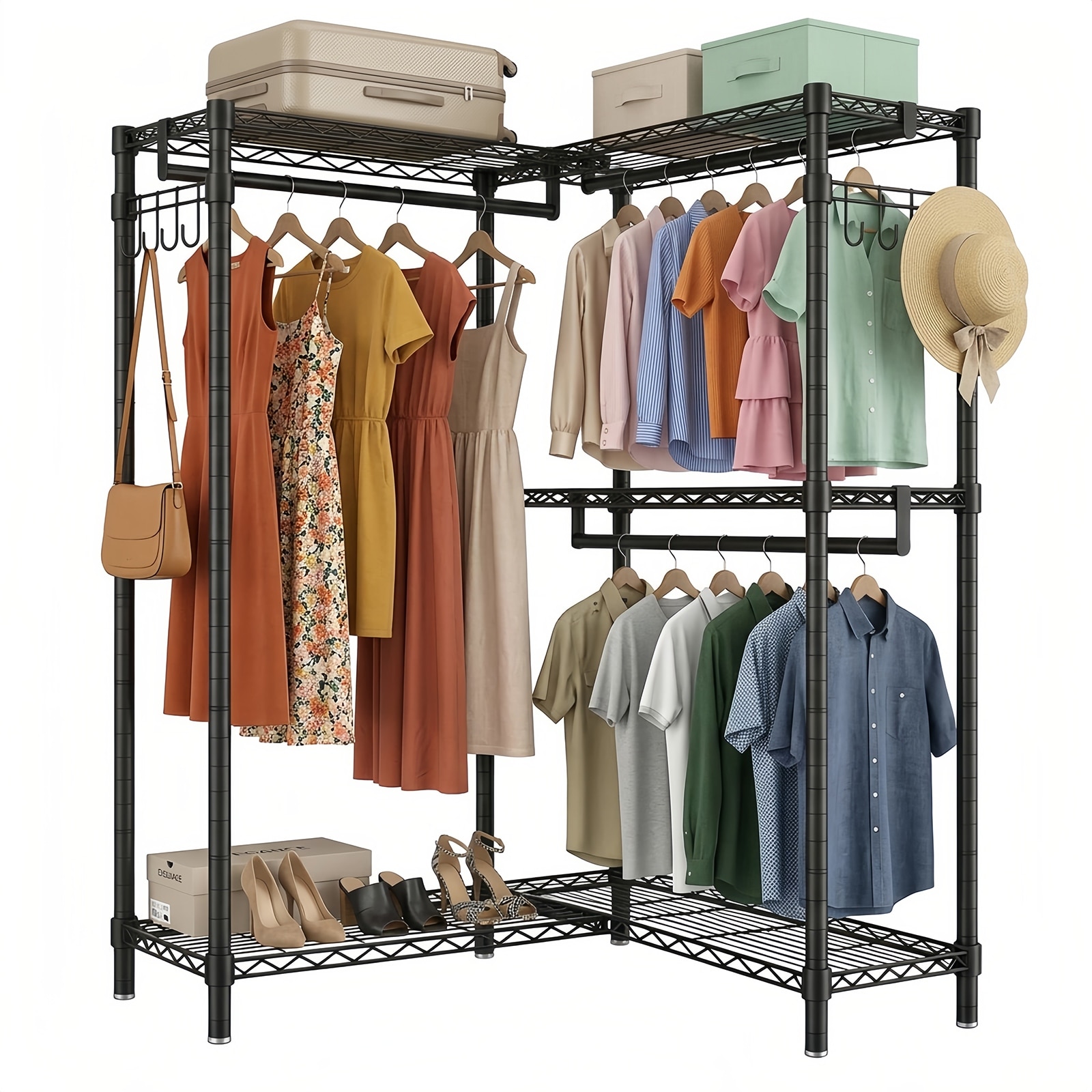 Garment Rack L Shaped Clothes Rack, Heavy Duty Clothes Rack with 3 Hanging Rods & 2 Side Hooks, Freestanding Clothing Racks