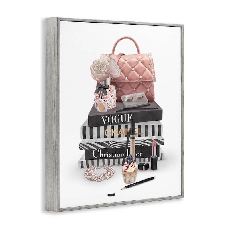 Stupell Fashion Bookstack Purse Perfume Pink Glam Design Framed Wall Art
