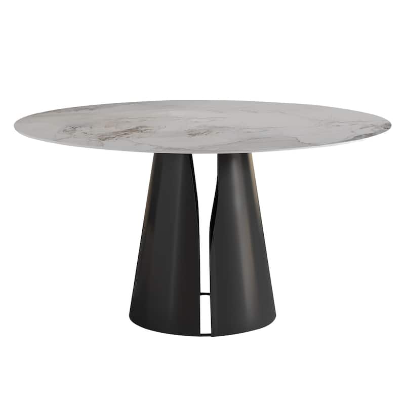 Modern Stone Table Top Carbon Steel Black Pedestal Base Dining Table - 4 Seats - Grayish White