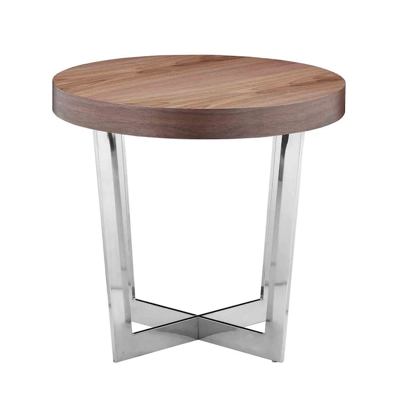 24 in. Walnut and Chrome Round Wood End Table, Sturdy Build End Side Table for Living Rooms