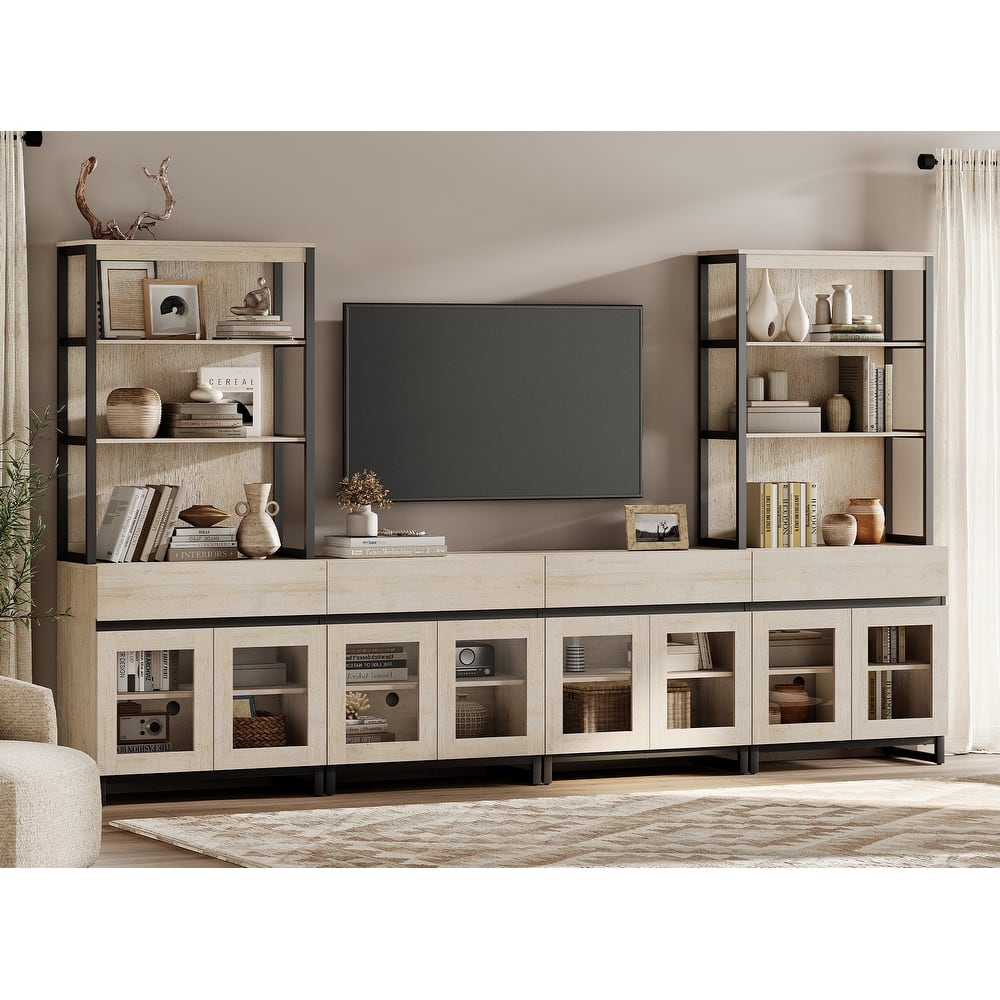 Modern TV Stand with 3 Tiers Bookshelf,Wooden Media TV Console with Glass Doors for Living Room
