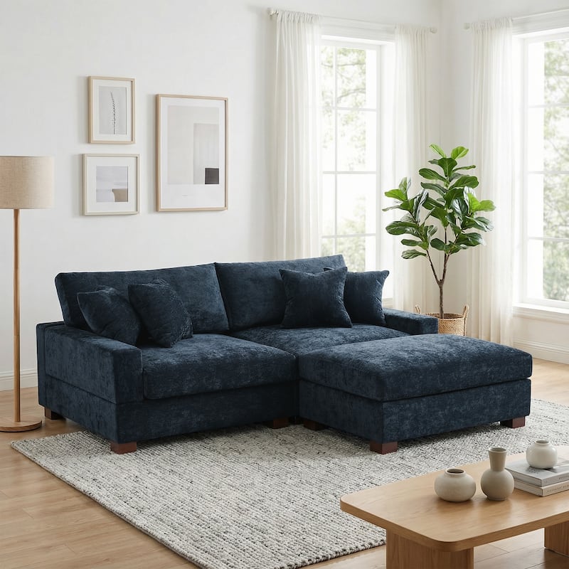 Oversized Chenille Modular Sectional Sofa Living Room Set with Ottoman - Blue/3 Piece