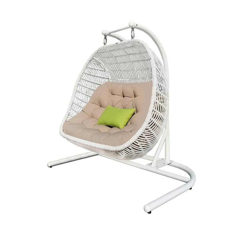 69" Beige and White Metal Indoor Outdoor Swing Chair with Beige Cushion