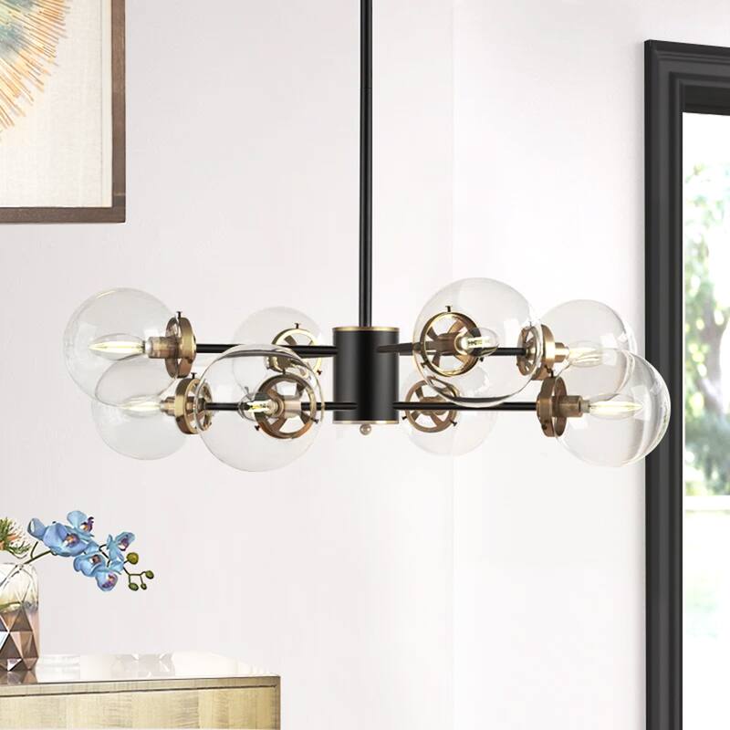 GetLedel 8-Light Dimmable Sputnik Chandelier with Glass Globe Shades - Black Finish with Clear Glass Shades
