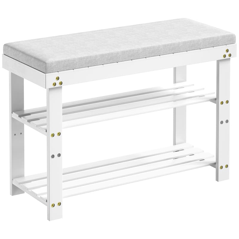 Bamboo Shoe Bench, 3-Tier Shoe Rack, Entryway Bench with Cushion and Adjustable Shelves, Shoe Rack - White