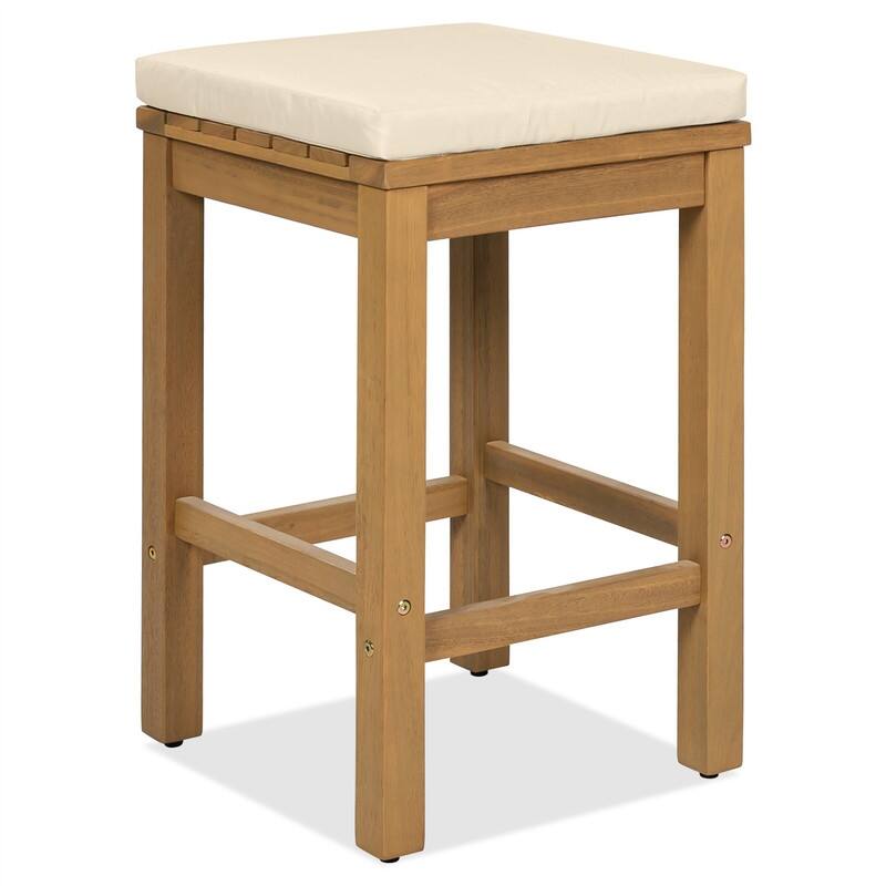 5 Piece Outdoor Dining Set Bar Set, Acacia Wood Patio Dining Bar Set with Bar Height Table and 4 Cushioned Stools for Backyard