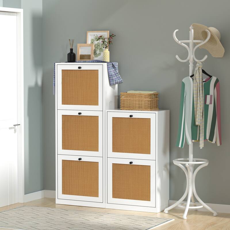 Anmytek 3 Layer Wood Rattan Shoe Cabinet with 3 Flip Drawer Narrow Shoe Storage Organizer