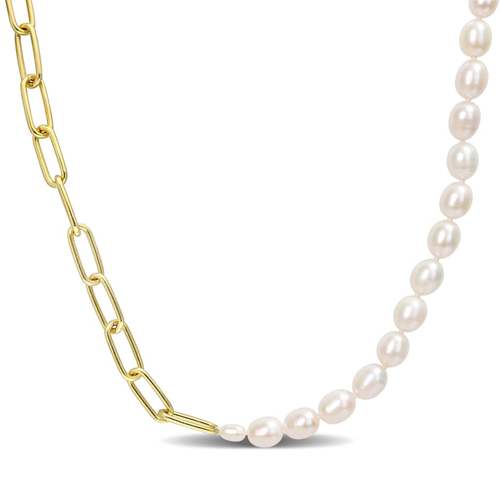 Miadora 18k Yellow Gold Plated Sterling Silver Cultured Freshwater Pearl & Oval Link Chain Necklace