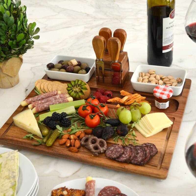 Picnic at Ascot Personalized Large Acacia Charcuterie Board Set with Bowls & Cheese Tools