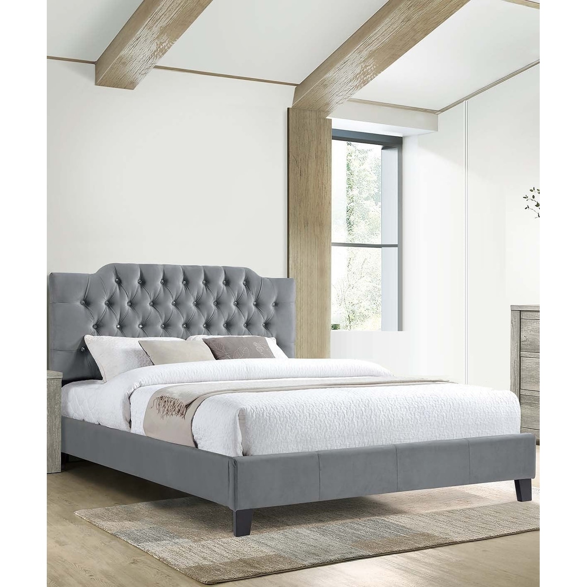 Bed Set 1pc Diamond Button Tufted Headboard Gray Finish