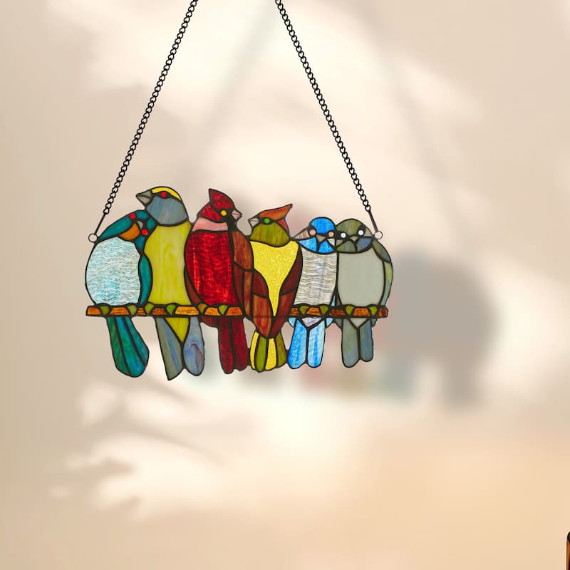 River of Goods 9.5"H Birds in Love Stained Glass Window Panel - 15"L x 0.25"W x 9.5"H