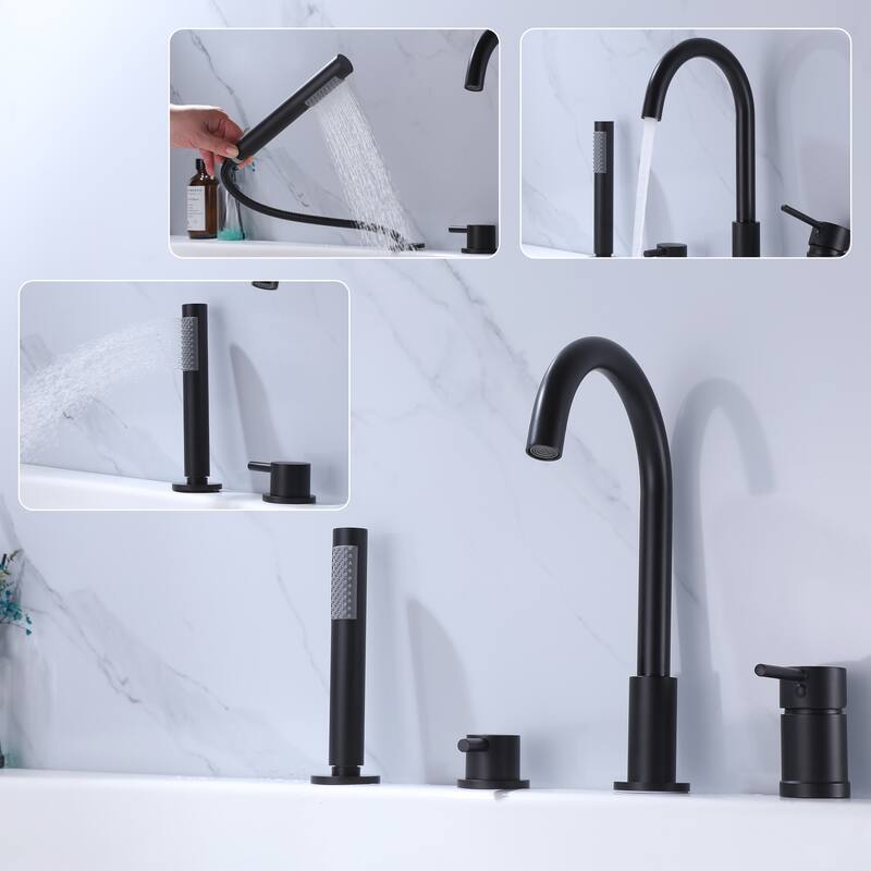 Modland Double Handle Deck Mounted Black Tub Faucet With High-pressure Handheld Shower Head