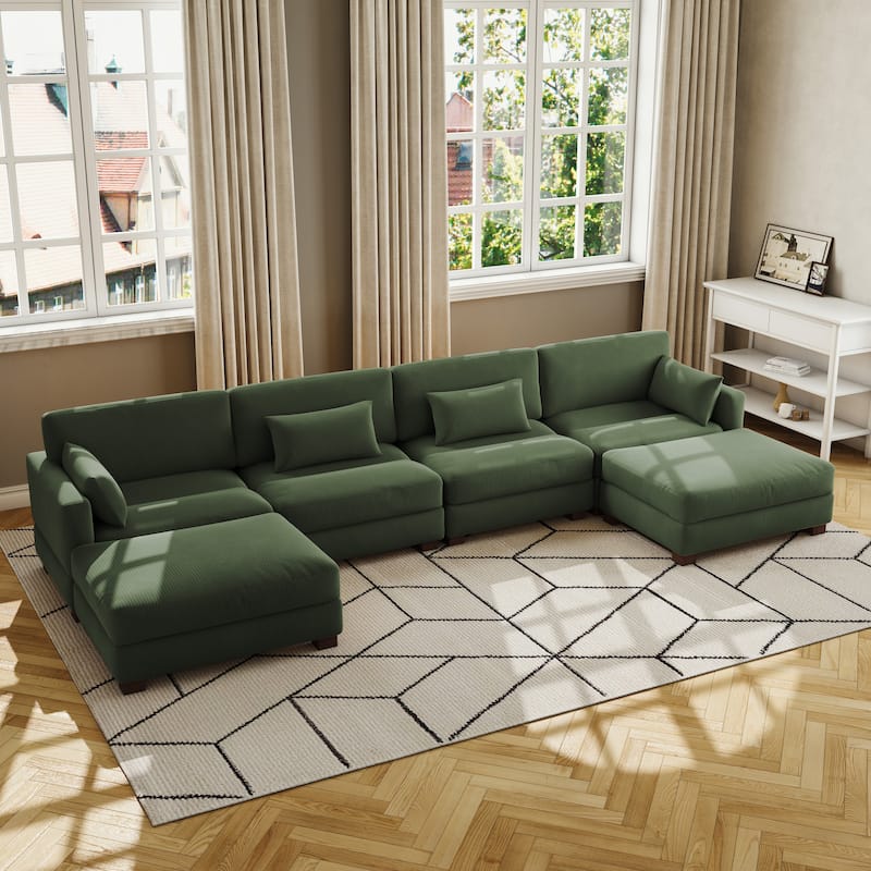 Corduroy Modular Sectional Sofa Couch With Chaise Ottoman - Green-4 Piece