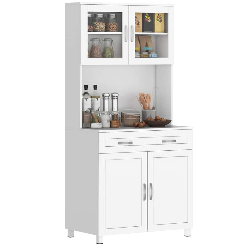 HOMCOM Modern Kitchen Pantry with Buffet Cabinet, Cupboard with Framed Glass Doors and Shelves, White