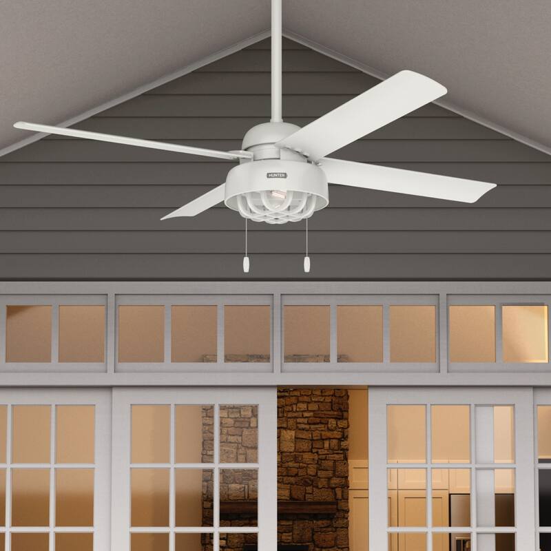 Hunter 52" Spring Mill Outdoor Ceiling Fan w/ LED Light and Pull Chain, Damp-Rated - Industrial, Transitional, Caged - Fresh-White