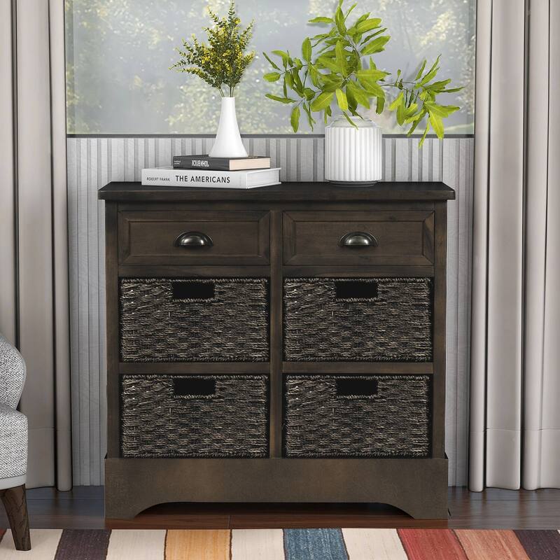 Rustic Storage Cabinet with Two Drawers and Four Classic Rattan Basket - Brown Gray