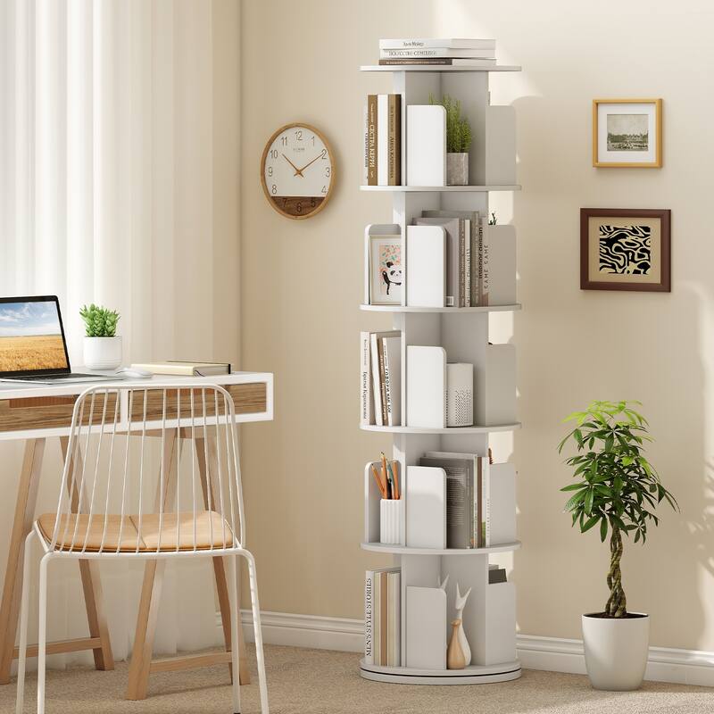 Space-Saving Freestanding 5-Shelf Rotating Bookcase with Swivel Base and Dividers Storage Tower - 15.5" x 15.5" x 63"